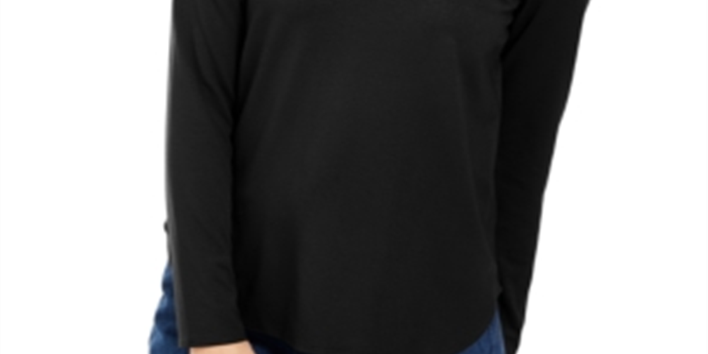 Blusa feminina Eileen Fisher com gola redonda e manga comprida, preta, tamanho P/P