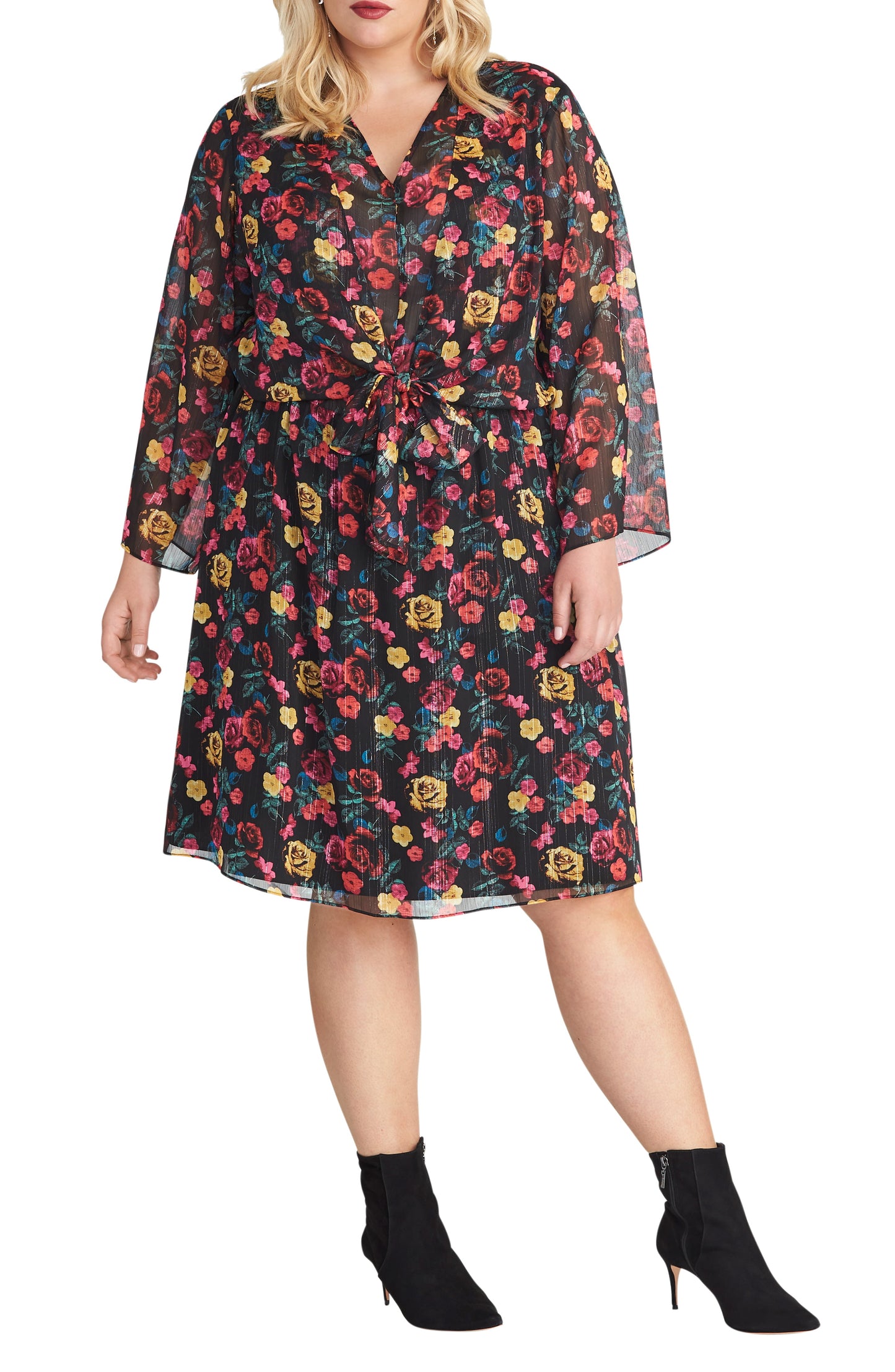 Vestido feminino Rachel Roy Trendy Plus Emma com estampa floral, preto, tamanho 1X