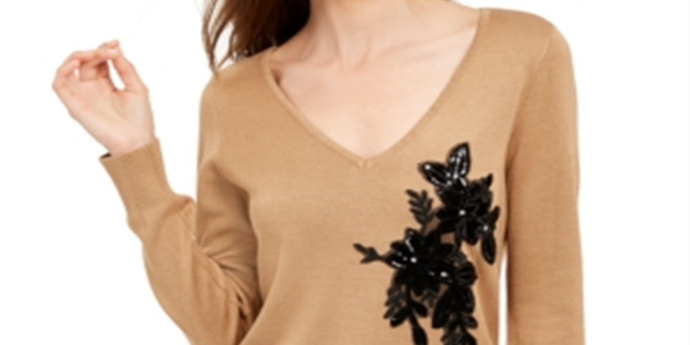 Suéter feminino INC de manga comprida com decote em V marrom tamanho P