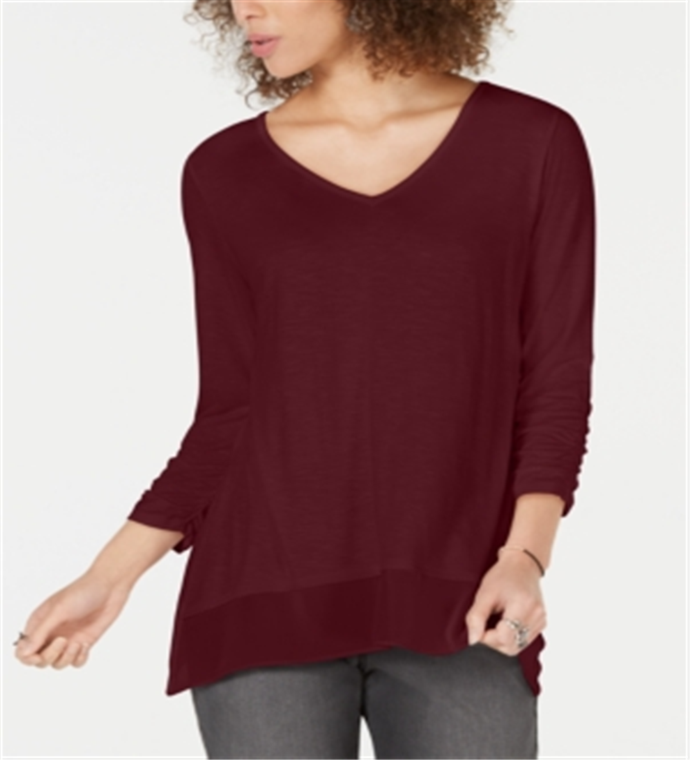 Blusa feminina de manga comprida com decote em V, tamanho PP, vinho