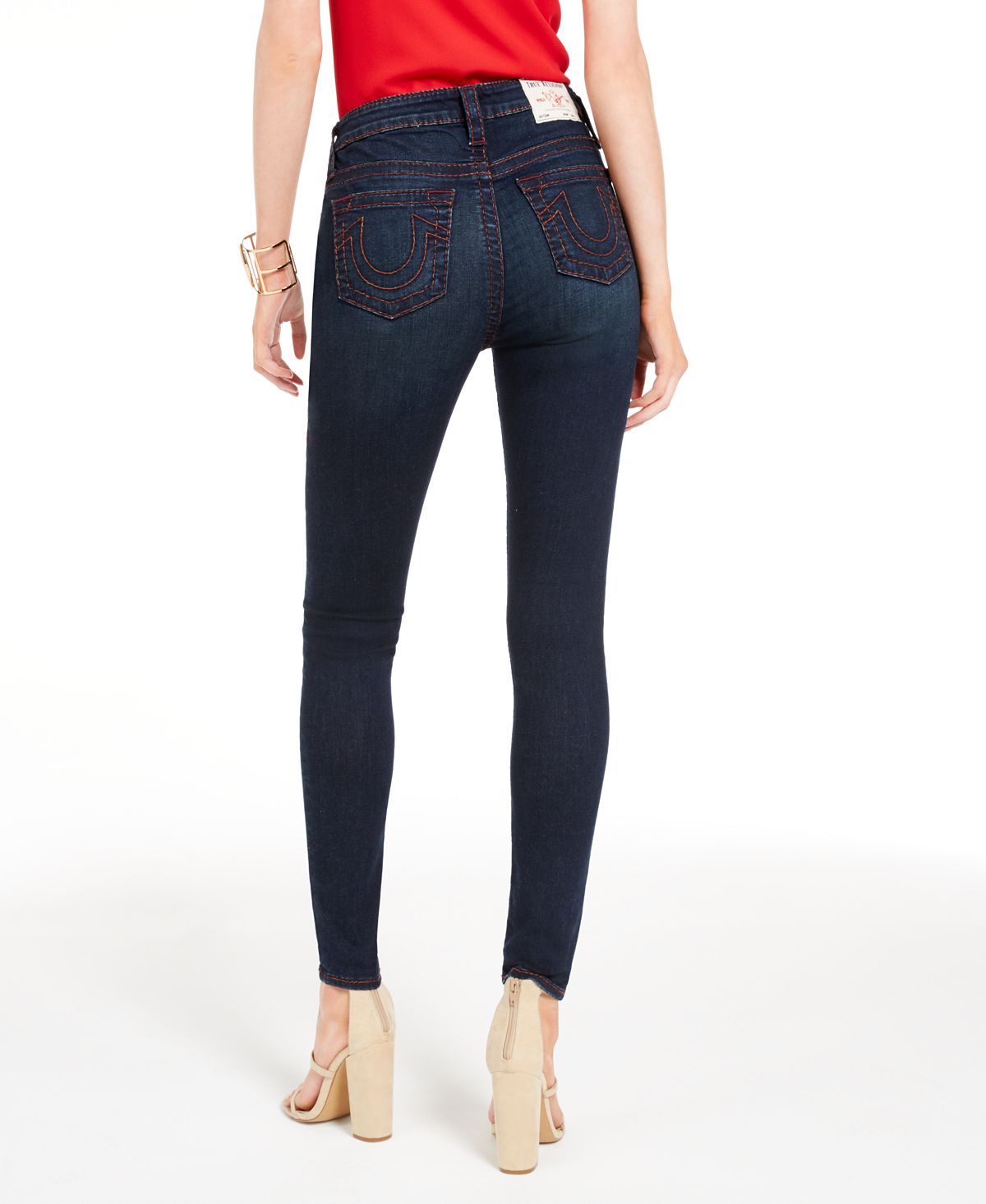 Calça jeans skinny feminina True Religion Halle Contrast Stitch, azul, tamanho 28