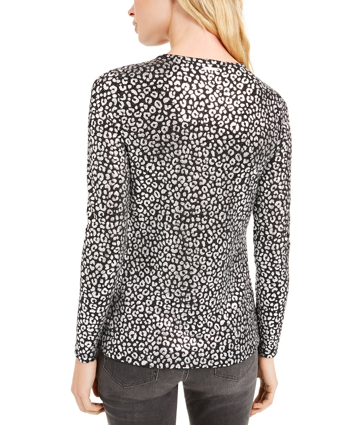 Blusa feminina Michael Kors com estampa de leopardo metálica, preta, tamanho G