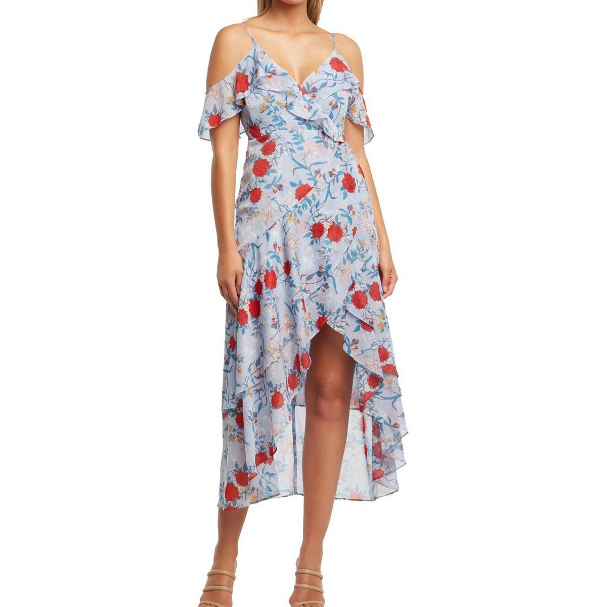 Vestido Bardot Feminino Floral Manga Curta Gola V Comprimento Chá Hi Lo Azul Tamanho XS