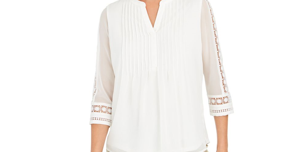 Top feminino Charter Club com manga transparente e pregas, branco, tamanho pequeno P