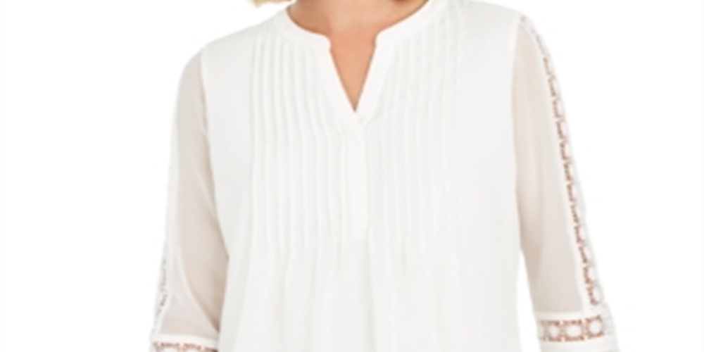 Top feminino Charter Club com manga transparente e pregas, branco, tamanho pequeno P