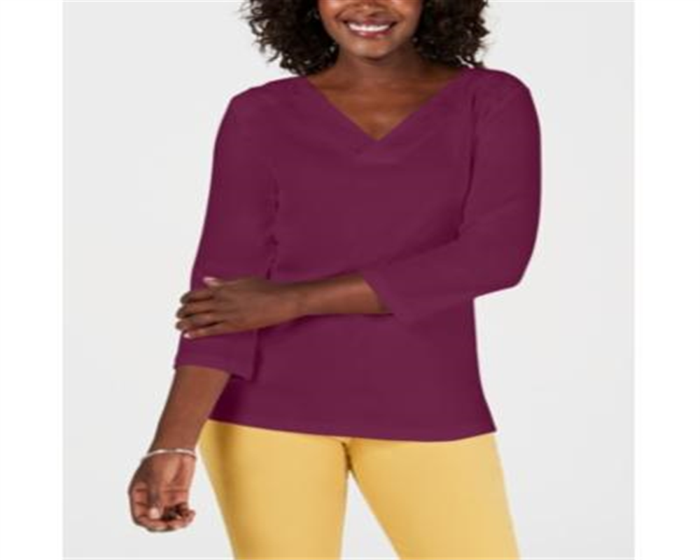 Karen Scott Blusa feminina de algodão com decote em V e ilhós, roxa, tamanho pequeno G