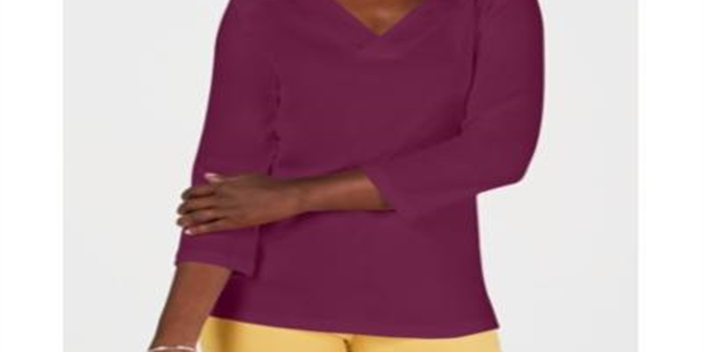 Karen Scott Blusa feminina de algodão com decote em V e ilhós, roxa, tamanho pequeno G