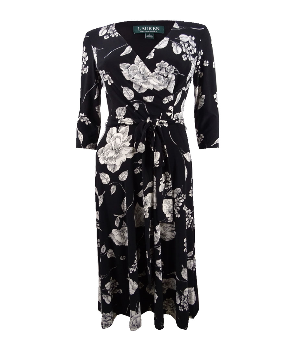 Vestido midi casual com sobrepeliz floral Ralph Lauren feminino, preto, tamanho 2