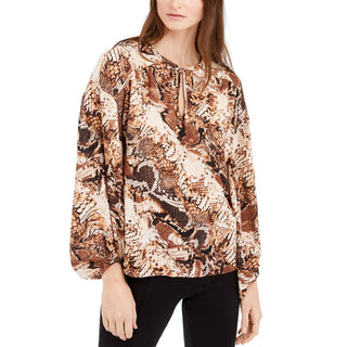 INC Women's Snake Print Tie Neck Peasant Top Brown Size Large