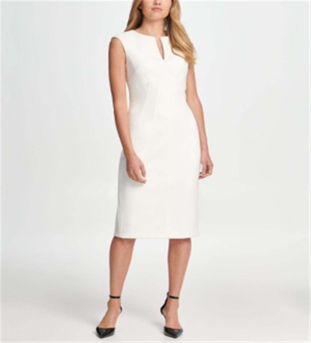 Vestido justo feminino DKNY com manga curta e comprimento até o joelho, branco, tamanho 12