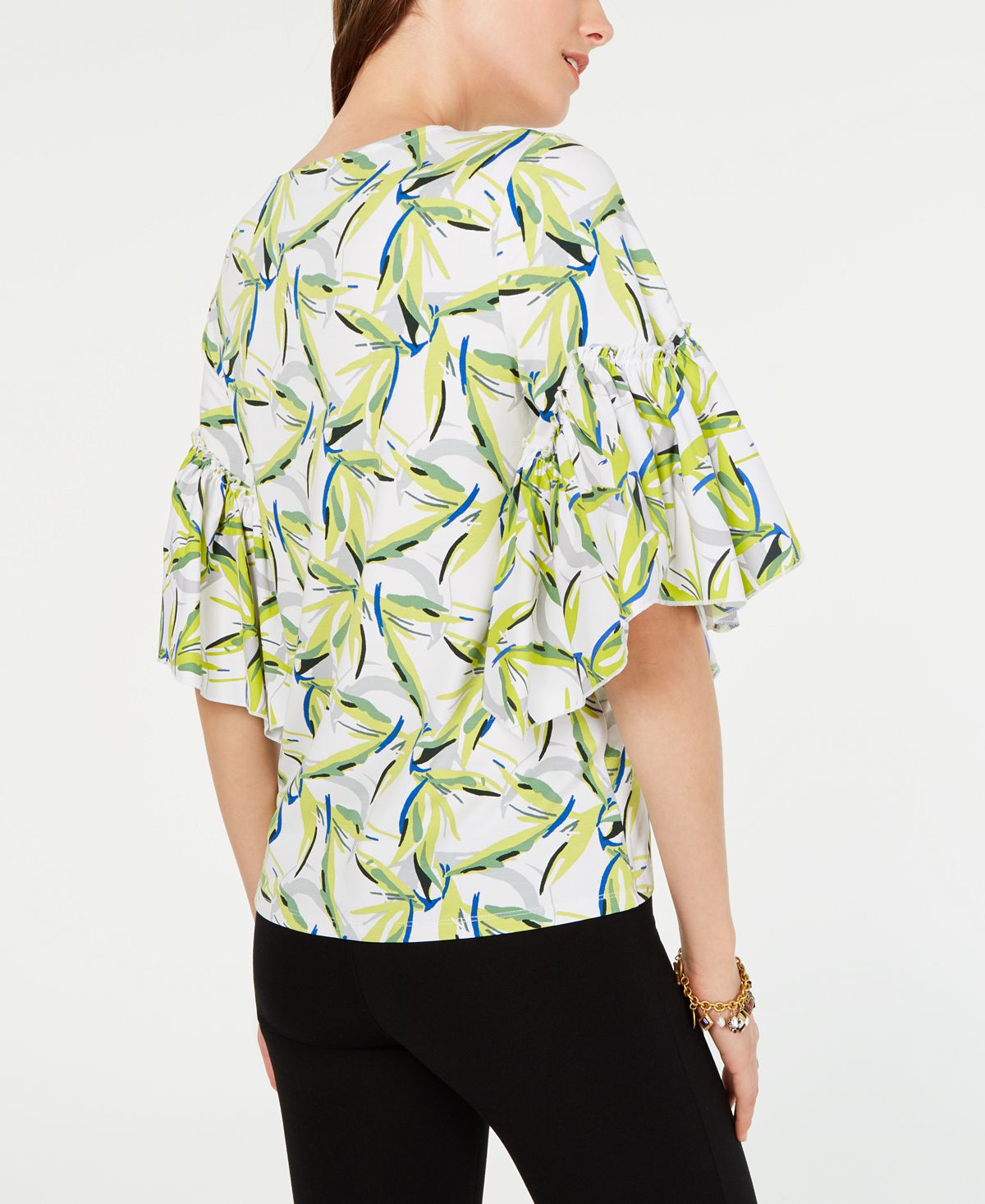 Blusa estampada com manga sino Alfani feminina, branca, tamanho pequeno P/M