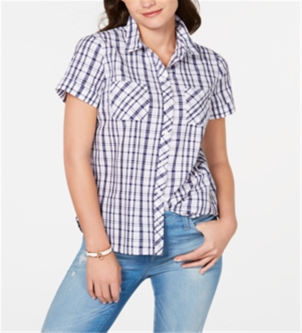 Tommy Hilfiger Blusa xadrez feminina com botões, azul, tamanho pequeno