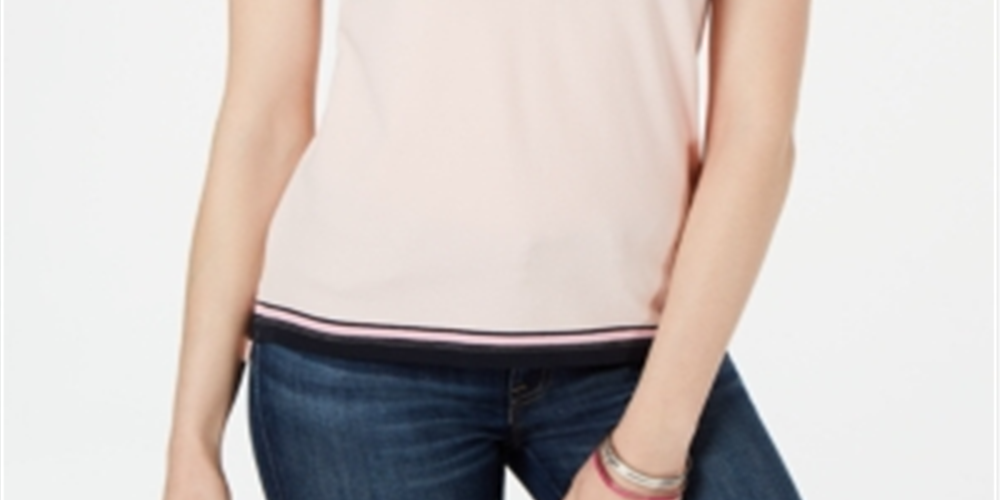 Camisa polo feminina Tommy Hilfiger com listras múltiplas, rosa, tamanho P