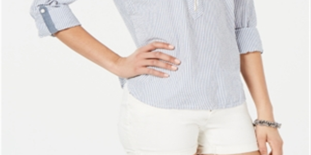 Tommy Hilfiger Blusa Seersucker Feminina com Zíper Azul Tamanho P