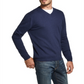 Suéter masculino vintage à prova de intempéries com acabamento canelado e gola V, azul, tamanho médio