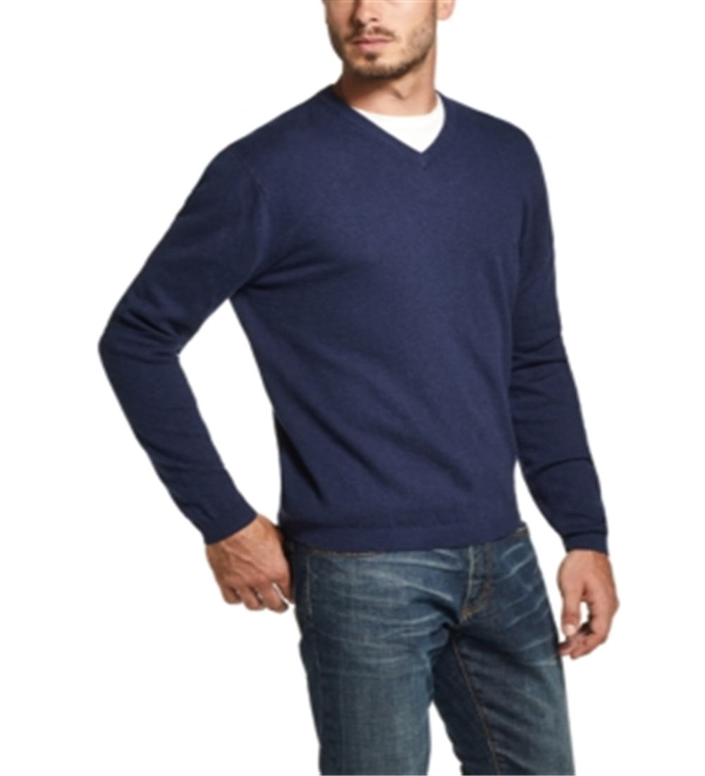 Suéter masculino vintage à prova de intempéries com acabamento canelado e gola V, azul, tamanho médio