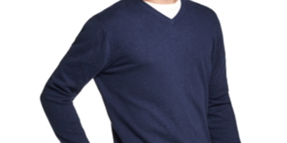 Suéter masculino vintage à prova de intempéries com acabamento canelado e gola V, azul, tamanho médio