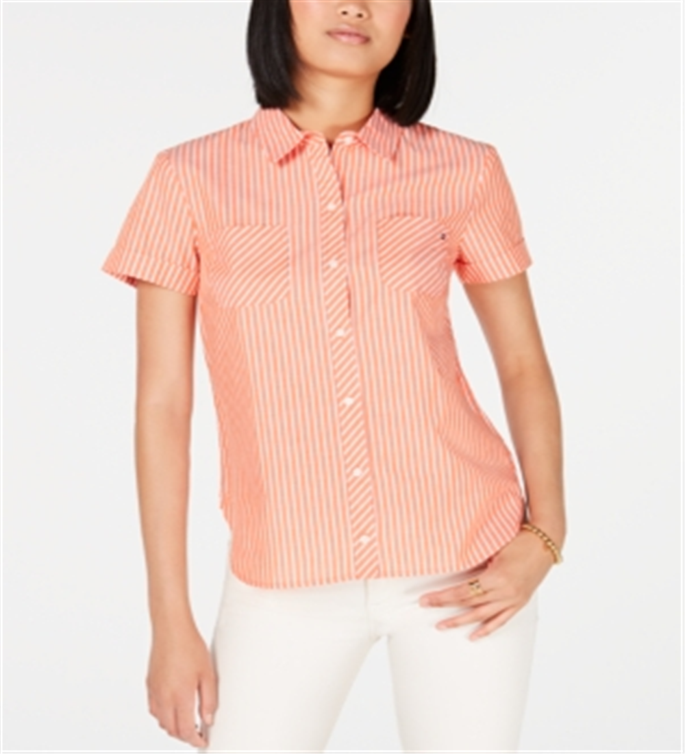 Camisa de acampamento listrada de algodão Tommy Hilfiger feminina, laranja, tamanho pequeno