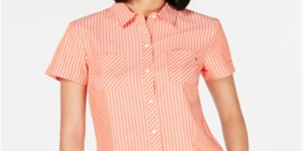 Camisa de acampamento listrada de algodão Tommy Hilfiger feminina, laranja, tamanho pequeno