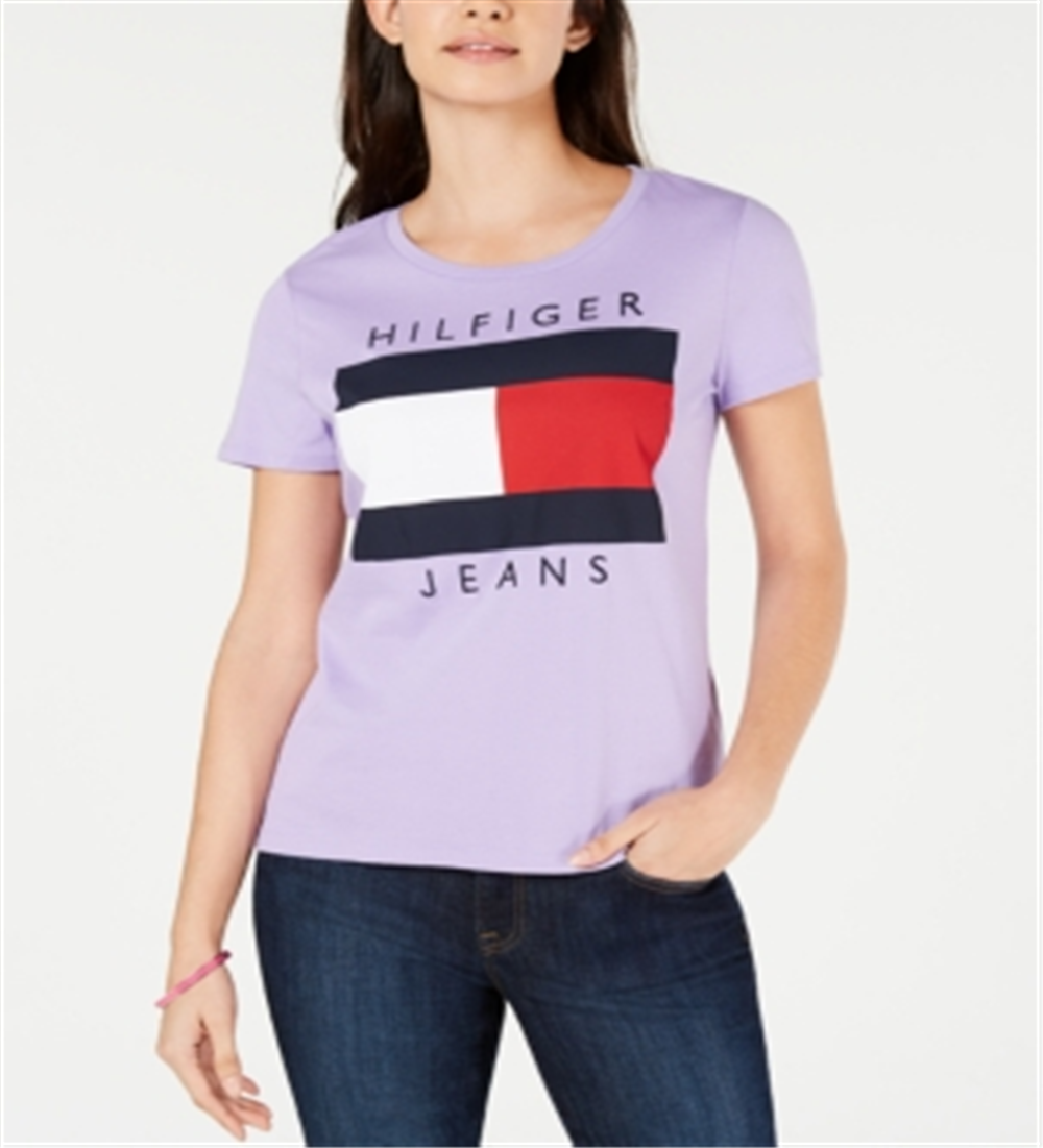 Camiseta Tommy Hilfiger Feminina de Algodão com Logotipo Bordado Roxa Tamanho P