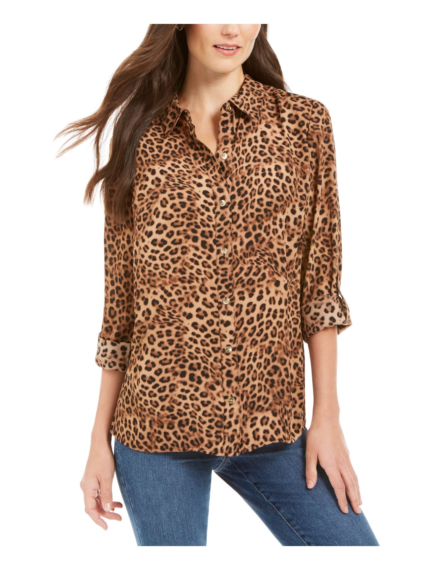 Charter Club Feminino Estampa Animal Manga Curta Gola Alta Botões Blusa de Noite Marrom Tamanho Pequeno Médio