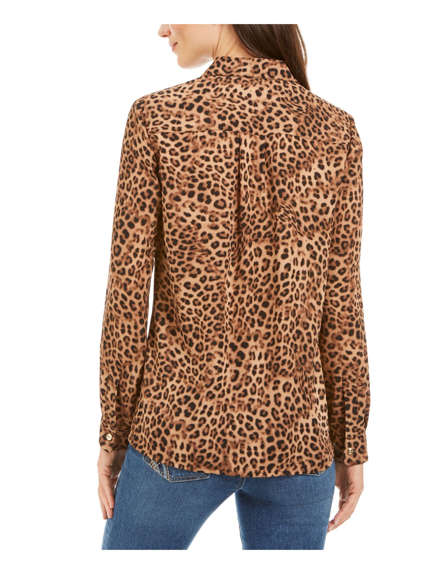 Charter Club Feminino Estampa Animal Manga Curta Gola Alta Botões Blusa de Noite Marrom Tamanho Pequeno Médio