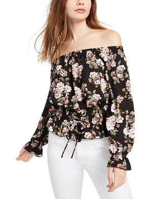 Ultra Flirt Junior's Smocked Off the Shoulder Top Black Size Large