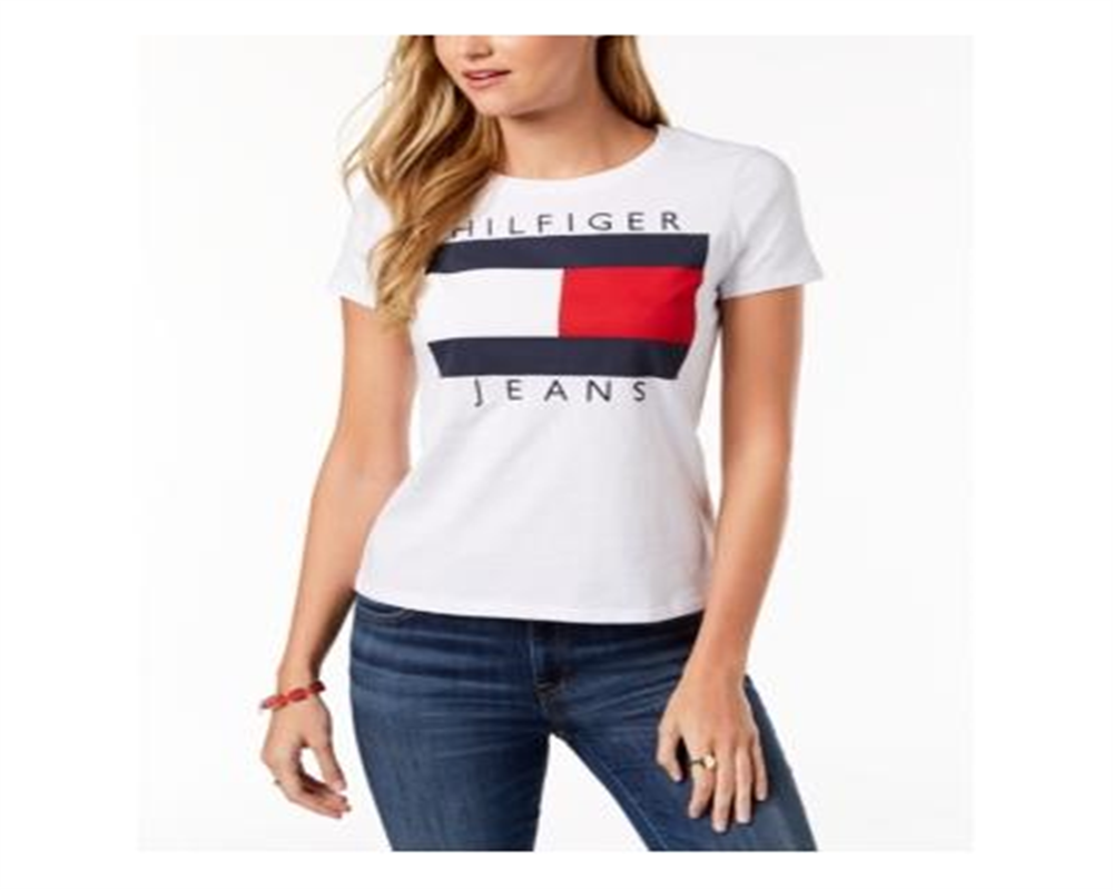 Camiseta feminina Tommy Hilfiger de algodão com logotipo bordado, branca, tamanho 2XL