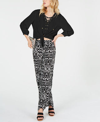 INC International Concepts Women's Lace up Blouse Black Size Petite