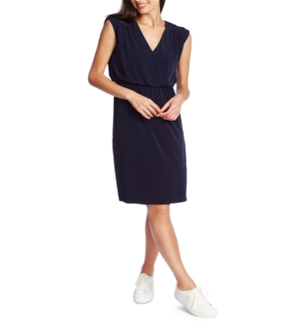 1.STATE Vestido casual feminino com cintura marcada e decote em V, preto, tamanho médio