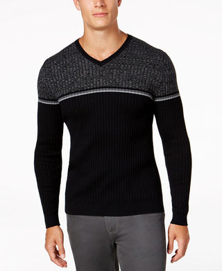 Suéter Alfani Masculino Listrado com Textura e Gola V Preto Tamanho Médio
