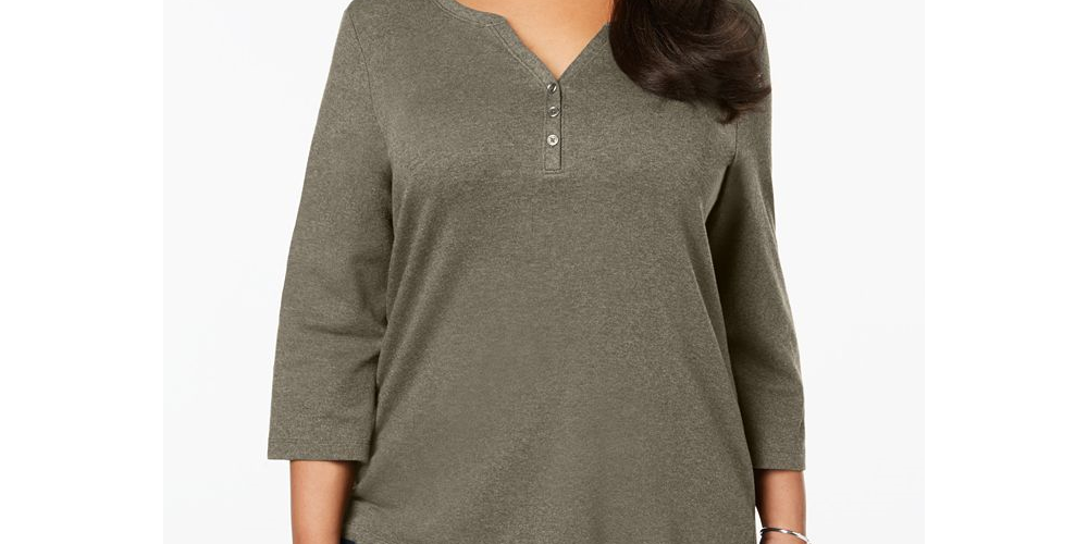 Karen Scott Blusa Feminina Plus Cotton Gola Dividida Marrom Tamanho 1X