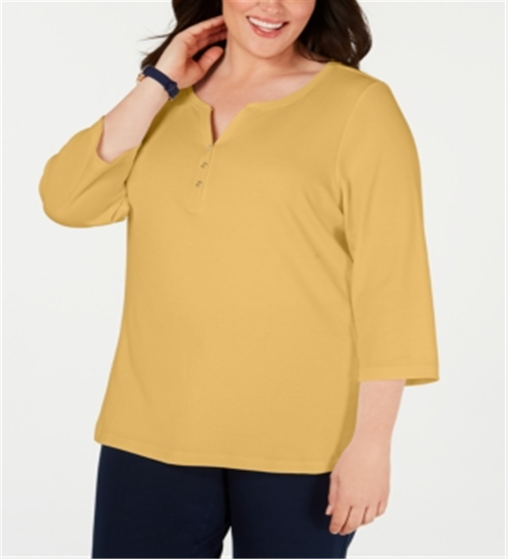 Karen Scott Blusa Feminina Plus Cotton Gola Dividida Marrom Tamanho 1X