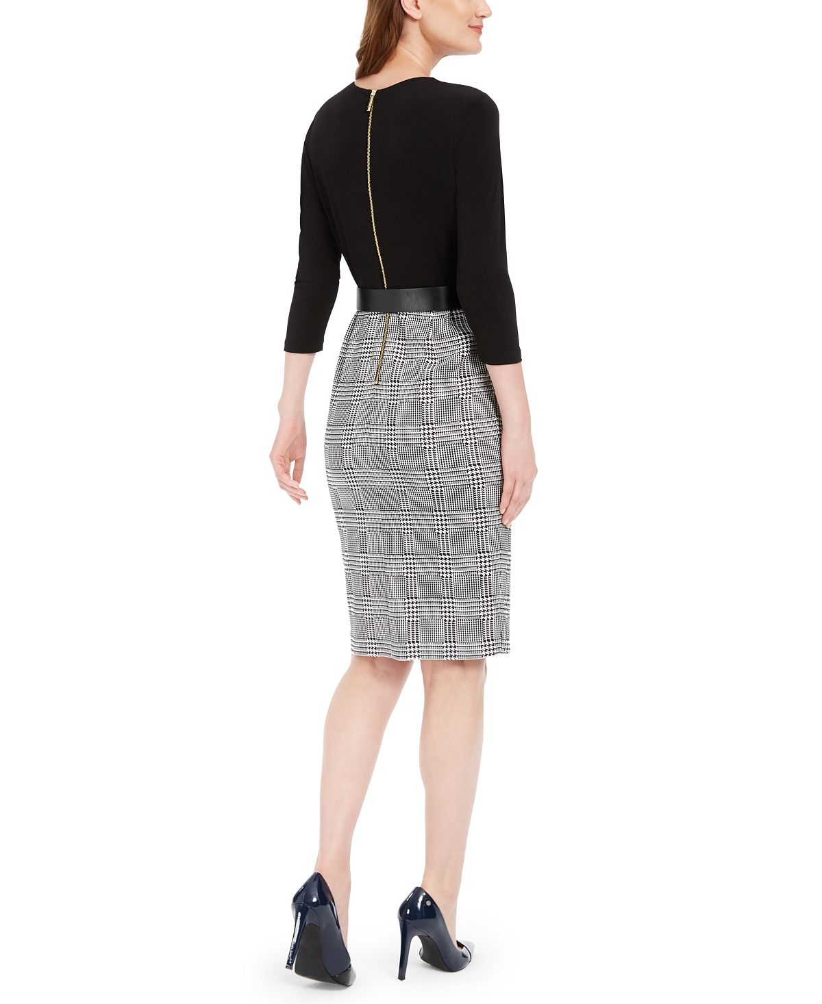 Vestido Calvin Klein Feminino com Cinto, Sólido e Xadrez, Babados, Preto, Tamanho 0P