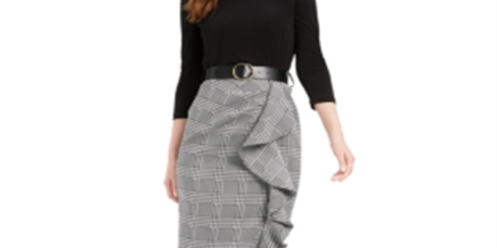 Vestido Calvin Klein Feminino com Cinto, Sólido e Xadrez, Babados, Preto, Tamanho 0P