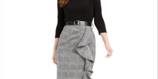 Vestido Calvin Klein Feminino com Cinto, Sólido e Xadrez, Babados, Preto, Tamanho 0P