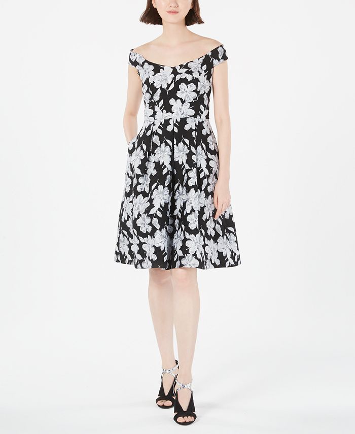 Vestido Calvin Klein Feminino Floral Sem Mangas Ombro a Ombro Comprimento Joelho Ajuste Flare Preto Tamanho 10