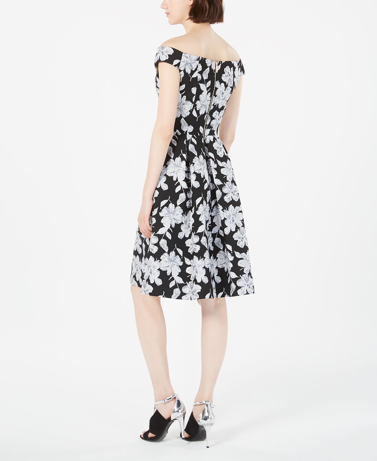 Vestido Calvin Klein Feminino Floral Sem Mangas Ombro a Ombro Comprimento Joelho Ajuste Flare Preto Tamanho 10