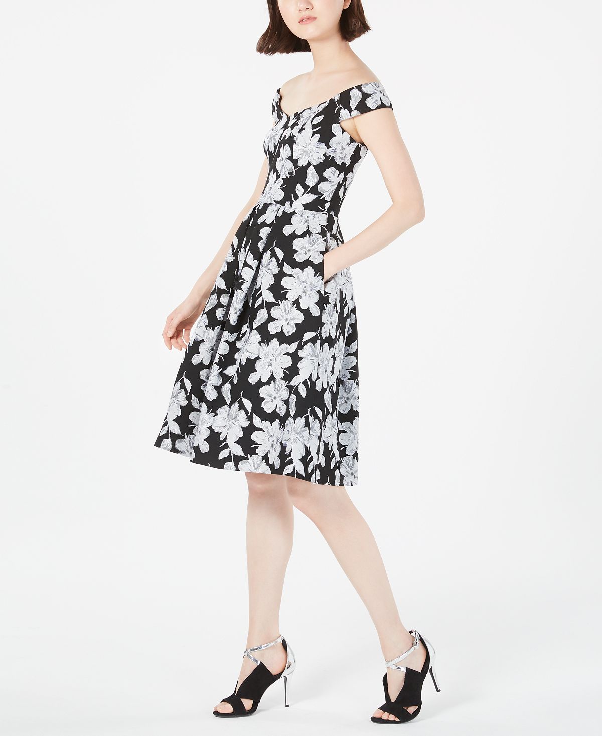 Vestido Calvin Klein Feminino Floral Sem Mangas Ombro a Ombro Comprimento Joelho Ajuste Flare Preto Tamanho 10