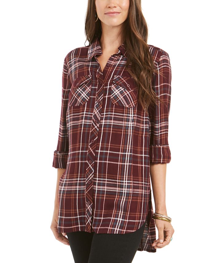 Camisa utilitária xadrez feminina Style &amp; Co, vinho, tamanho pequeno G
