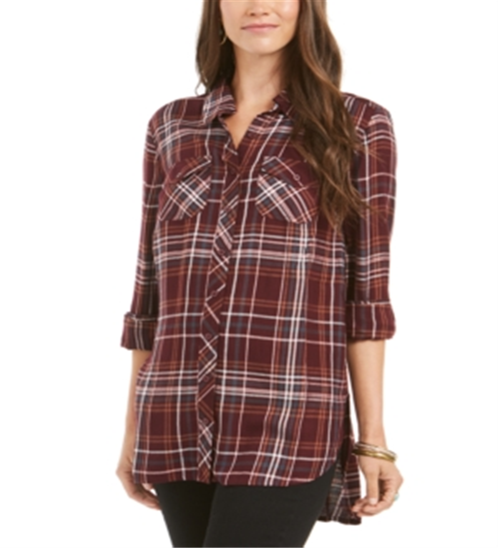 Camisa utilitária xadrez feminina Style &amp; Co, vinho, tamanho pequeno G