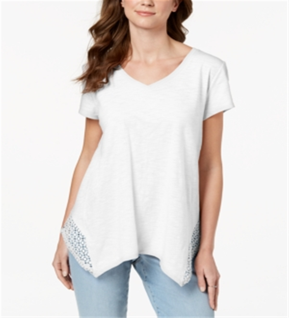 Top feminino de crochê com bainha de lenço, tamanho pequeno, branco, estilo &amp; co