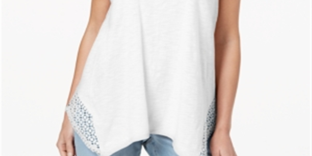 Top feminino de crochê com bainha de lenço, tamanho pequeno, branco, estilo &amp; co