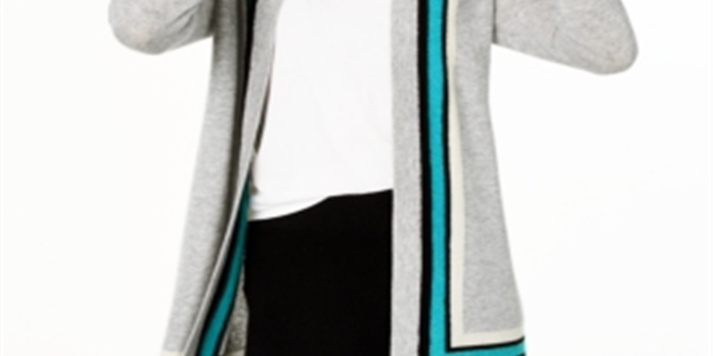 Cardigan feminino Charter Club Cashmere Border Duster, cinza gelo, mesclado, prata, tamanho P