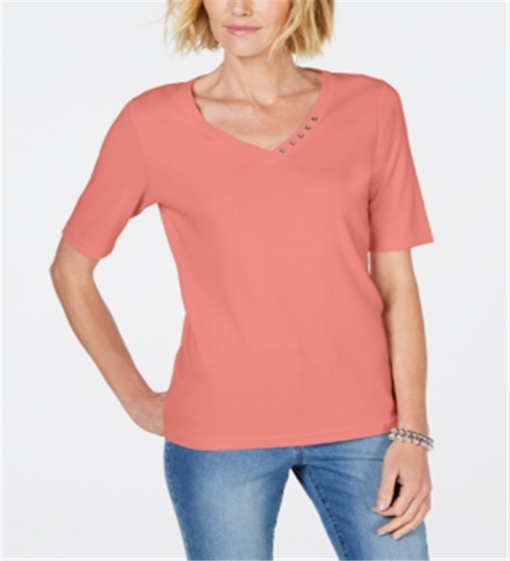 Camiseta feminina Karen Scott de algodão com decote em V, laranja, tamanho grande