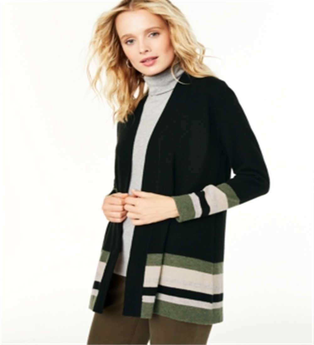 Cardigan feminino listrado de cashmere Charter Club, preto, tamanho grande