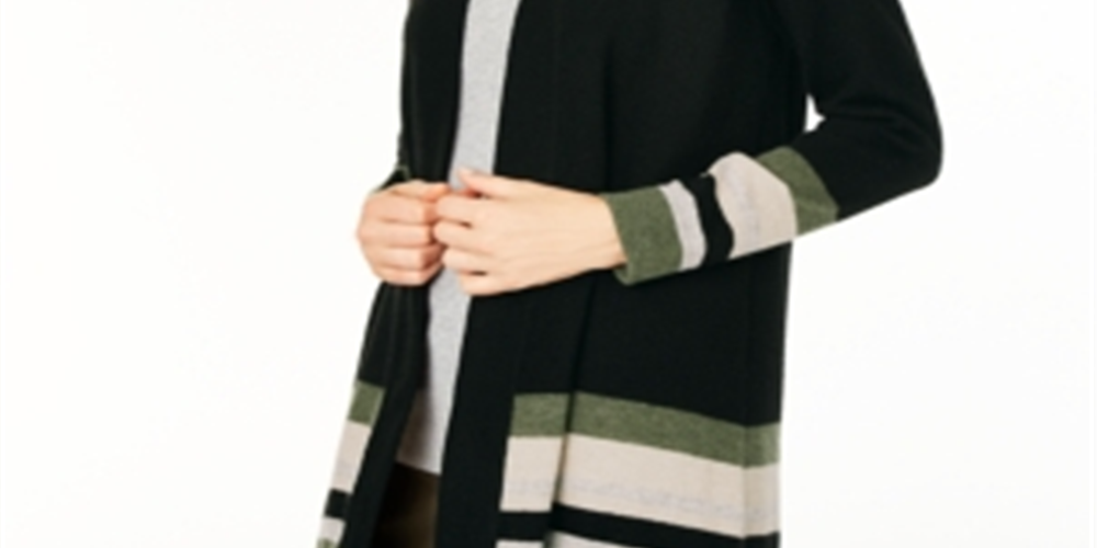 Cardigan feminino listrado de cashmere Charter Club, preto, tamanho grande
