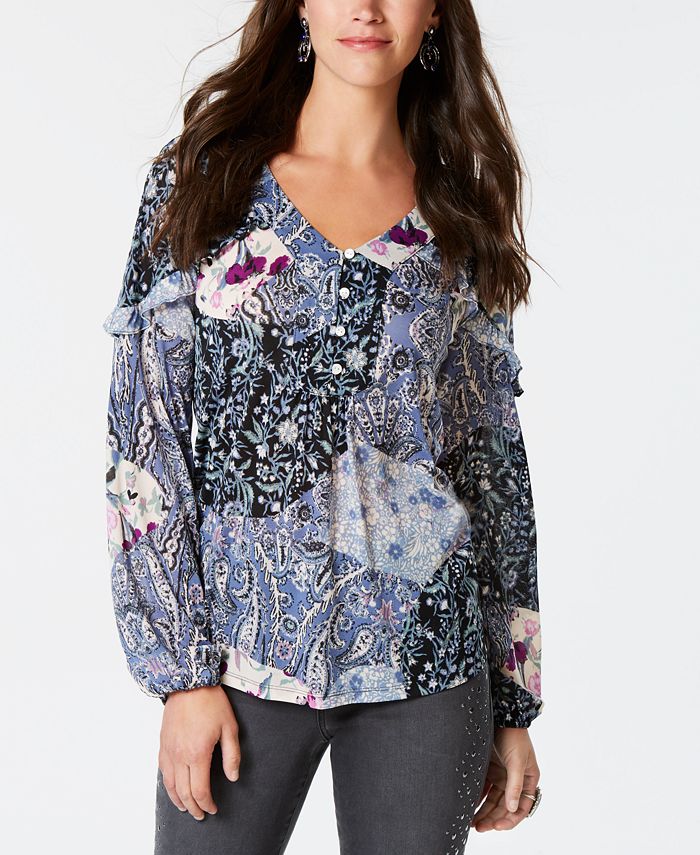 Blusa feminina estampada estilo pradaria azul tamanho G