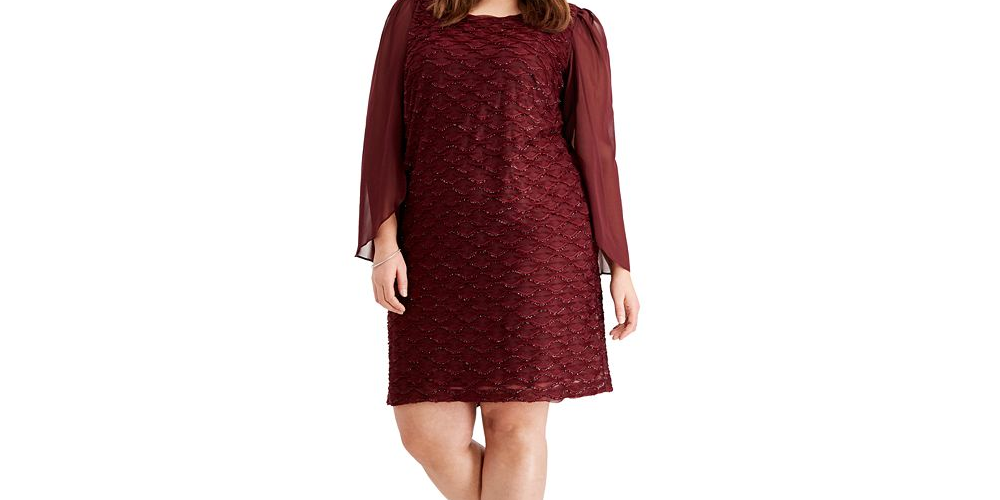 Vestido de festa feminino com glitter, manga longa, decote em joia, comprimento até o joelho, vermelho, tamanho 14W