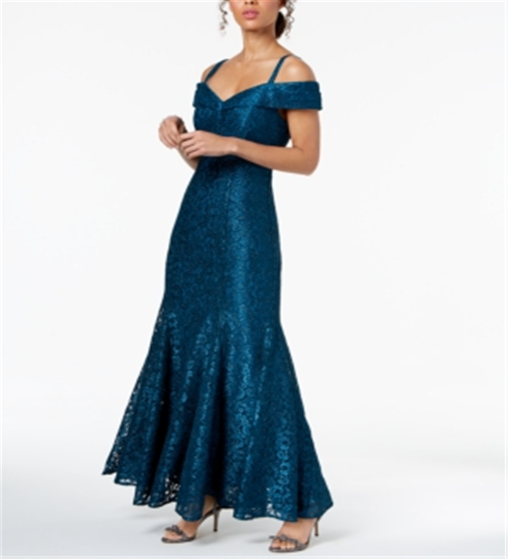 Vestido sereia com renda floral e ombro de fora feminino R &amp; M Richards, azul pavão, tamanho 12 pequeno